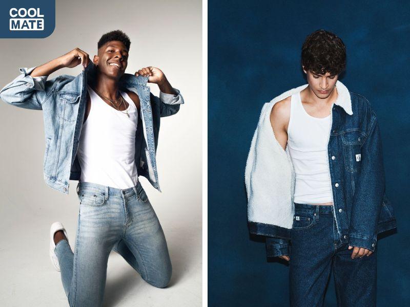Phối áo khoác jeans với áo ba lỗ mang lại vẻ ngoài nam tính
