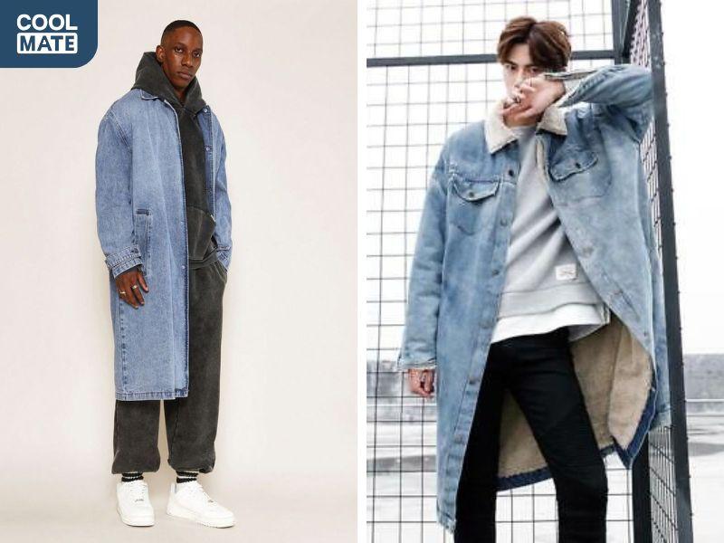 o khoác jeans nam dáng dài và áo thun 