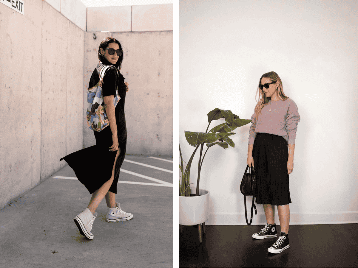 Phối đồ cùng chân váy midi và giày Converse