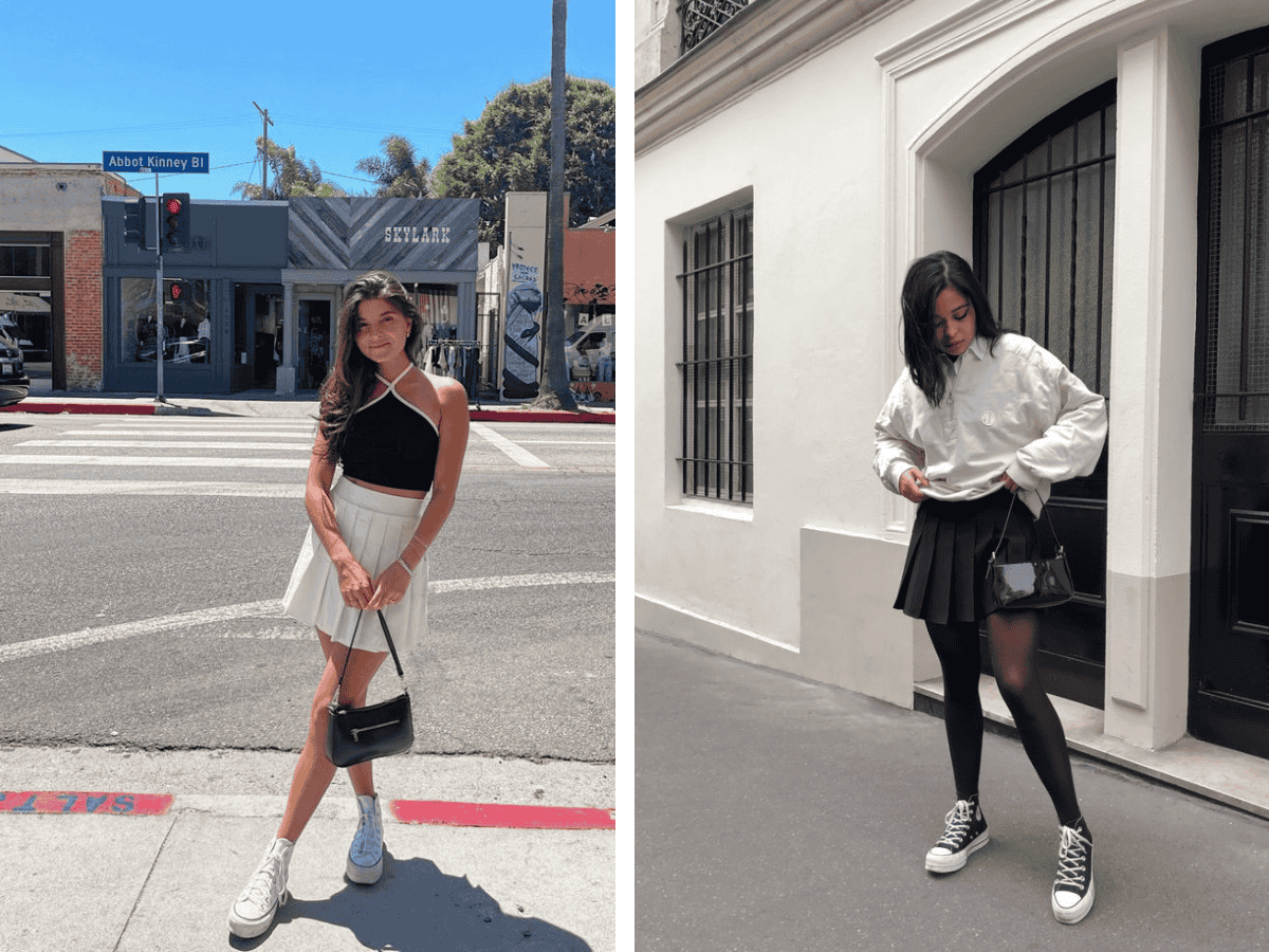 Phối đồ cùng chân váy ngắn và giày Converse