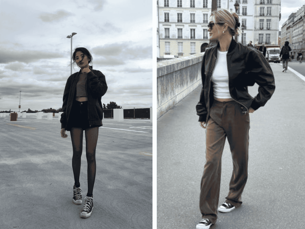 Phối áo bomber cá tính cùng giày Converse cổ cao