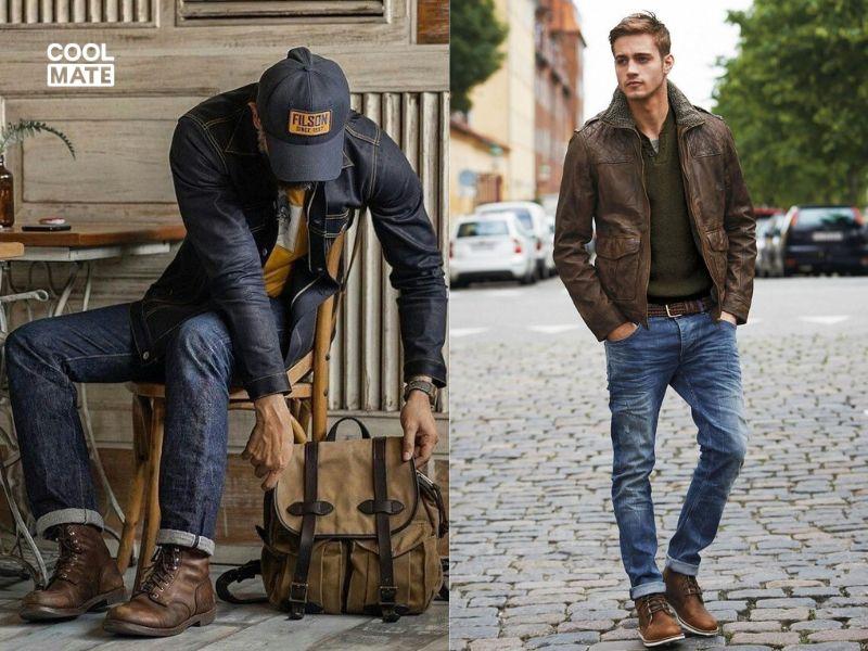 Mix giày Work boots cùng áo khoác da hoặc áo khoác jean