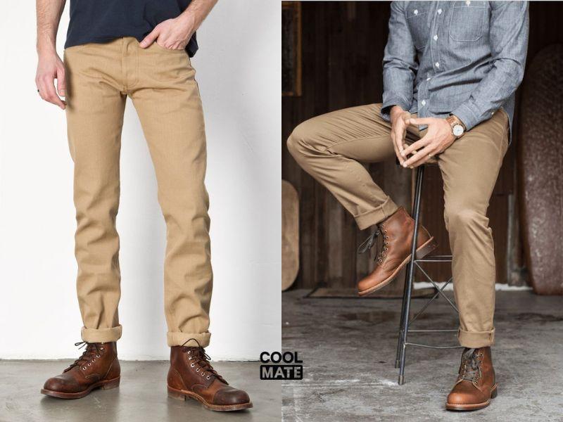 Phối giày work boots cùng quần kaki