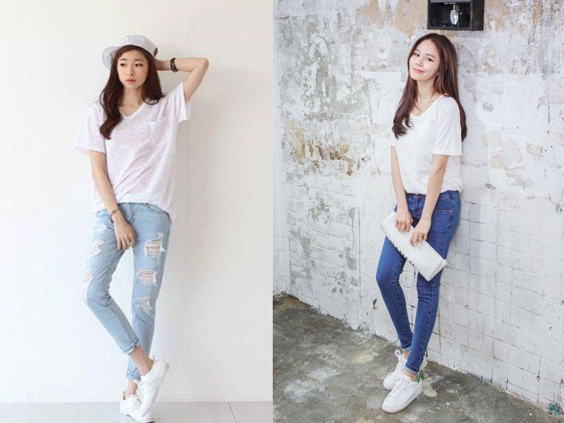 Quần jeans và áo thun mix giày thể thao basic trẻ trung