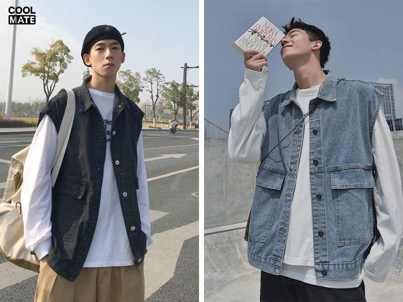 Áo hoodie phối quần baggy kết hợp với áo gile bò