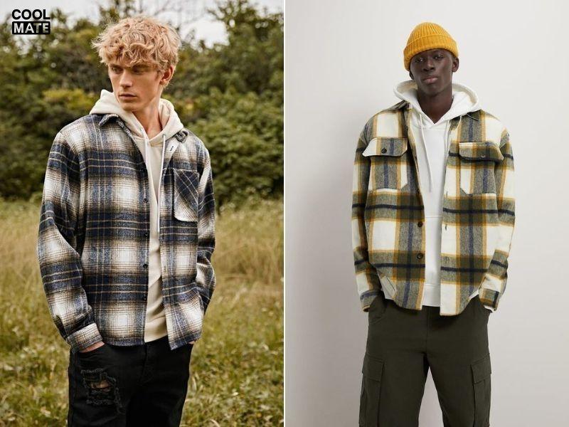 Áo hoodie phối quần baggy kết hợp với áo sơ mi kẻ
