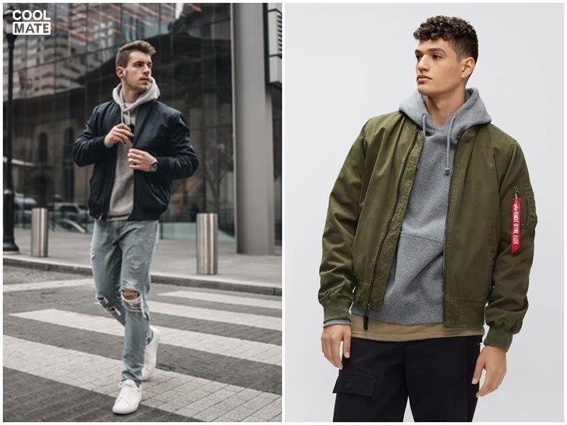 Áo hoodie phối quần baggy kết hợp với áo khoác bomber