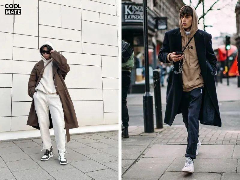 Áo hoodie phối quần baggy kết hợp với áo dạ dáng dài