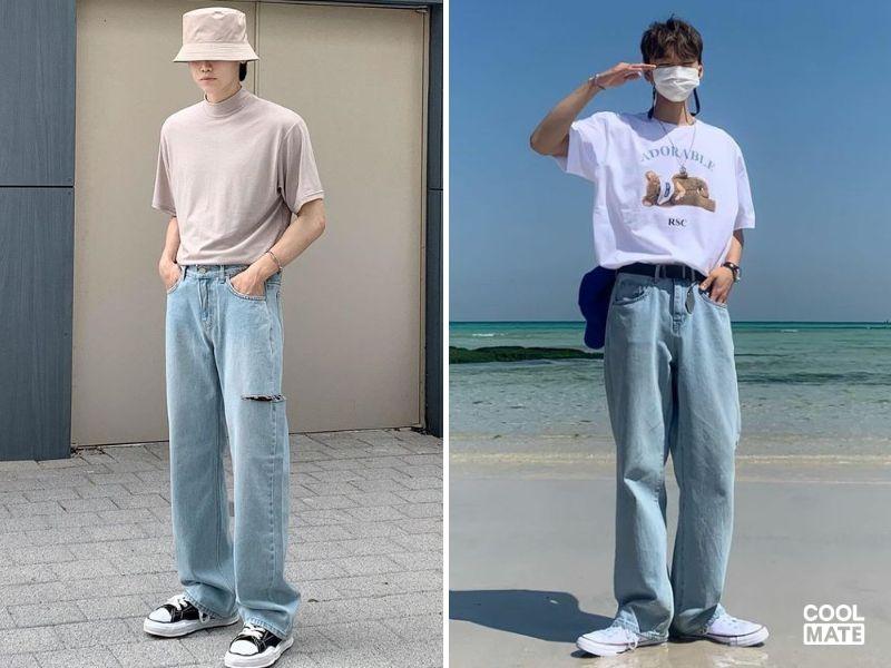 Phối quần jeans nam Hàn Quốc với giày sneakers