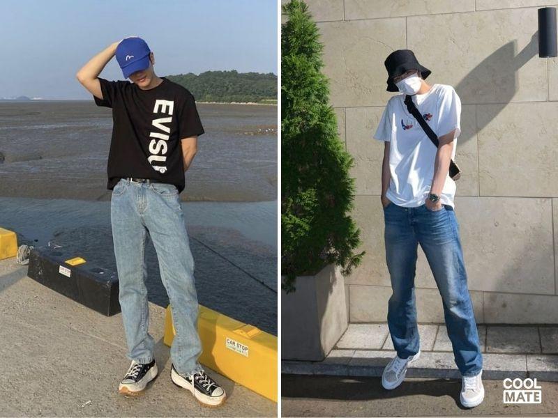 Phối quần jeans nam Hàn Quốc với áo thun