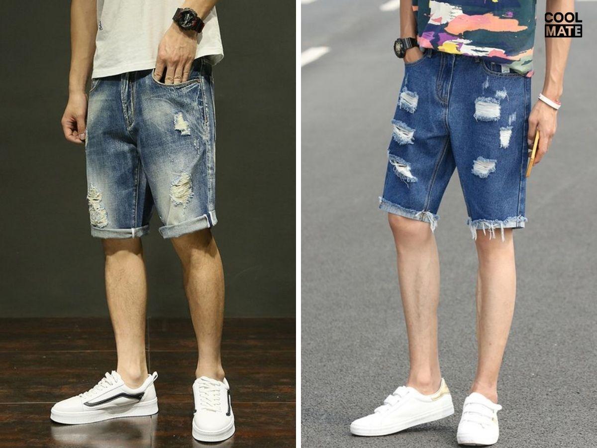 quần short jeans rách với áo thun dài tay và giày Sneaker trắng