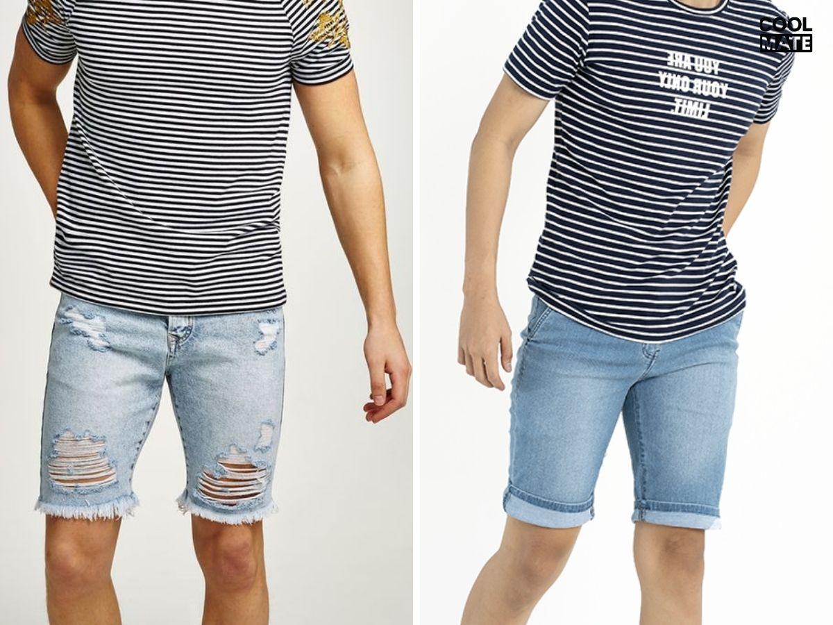 Áo thun sọc trắng đen với quần short jean nam rách