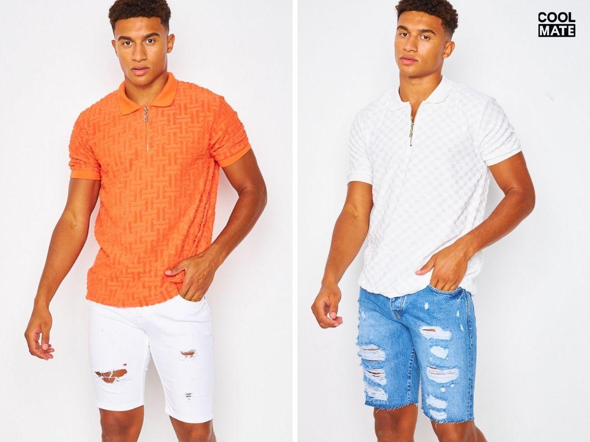 Quần short jean nam rách mix cùng áo polo có cổ