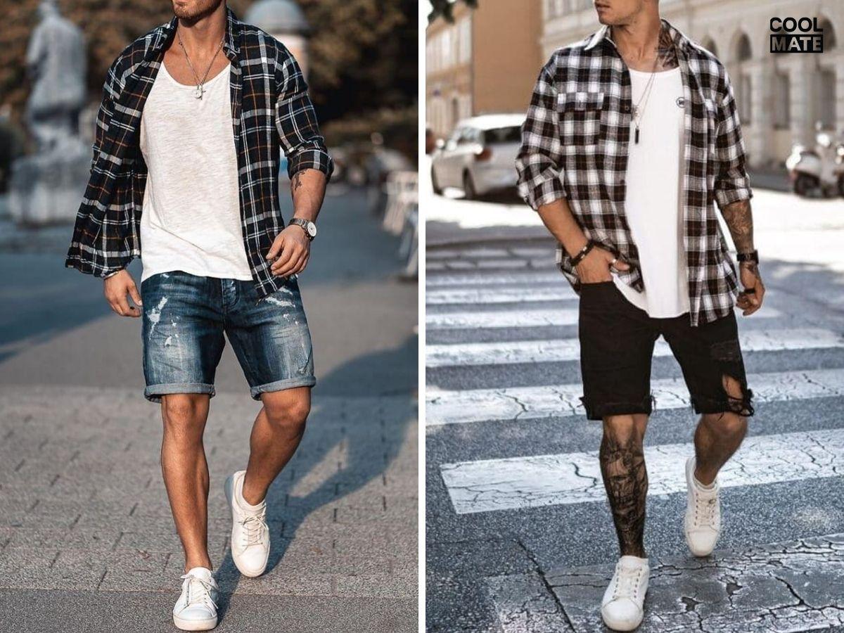 Mix quần short jean rách với áo sơ mi caro