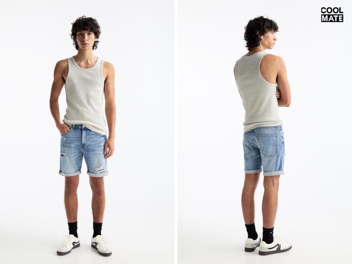 Mix quần short jean rách với áo thun Tank Top