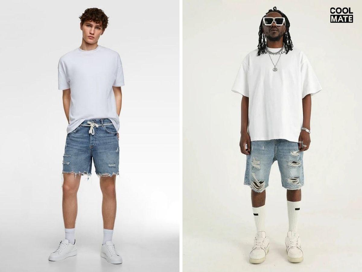 Mix áo thun với quần short jean rách