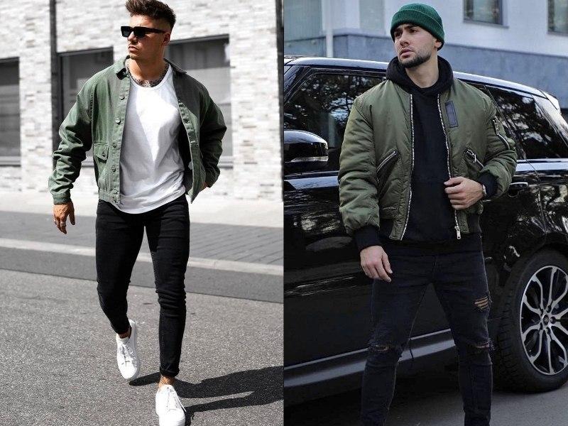 Quần skinny jeans màu đen cùng áo thun tối màu và áo khoác bomber