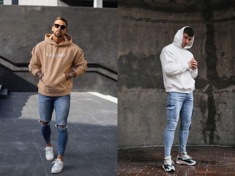 Quần skinny jeans phối áo hoodie và giày sneaker