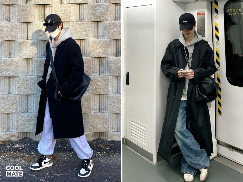 Phối hoodie với áo măng tô streetwear