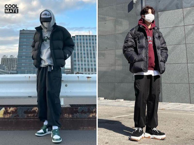 Phối hoodie với áo phao streetwear