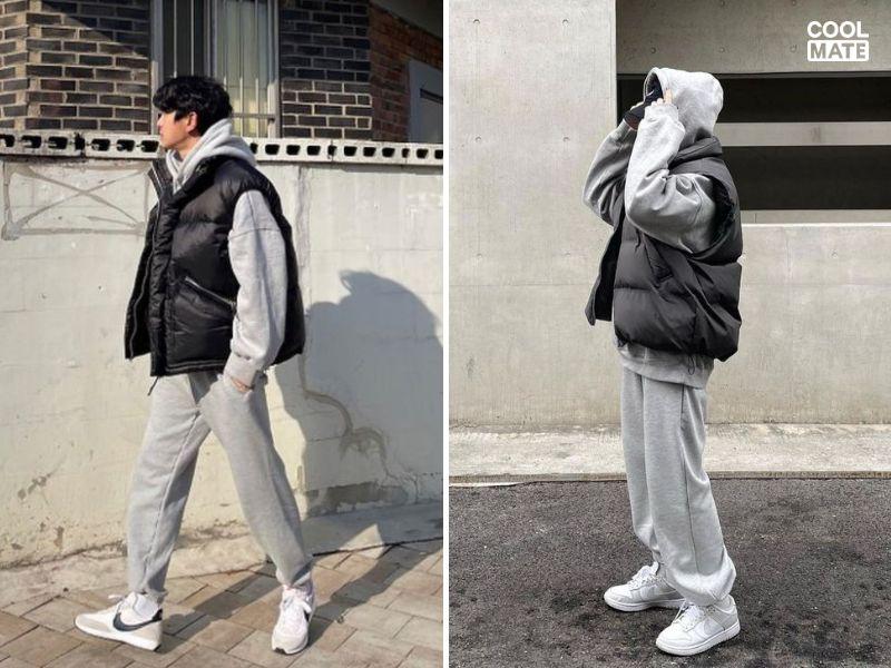 Phối hoodie với áo phao sát nách streetwear