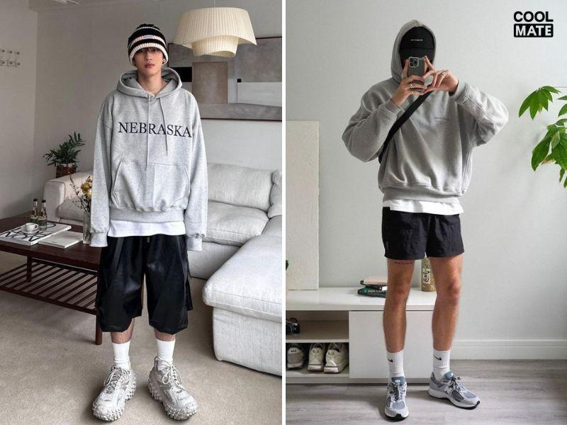 Phối hoodie với quần short streetwear