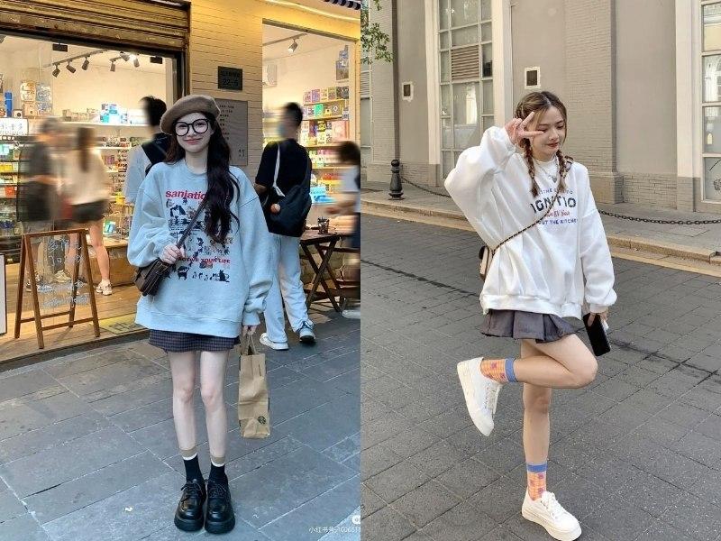 Sự kết hợp giữa áo hoodie và chân váy ngắn