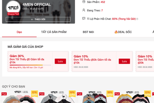 4Men là shop quần áo Local Brand trên Shopee với hơn 454 sản phẩm