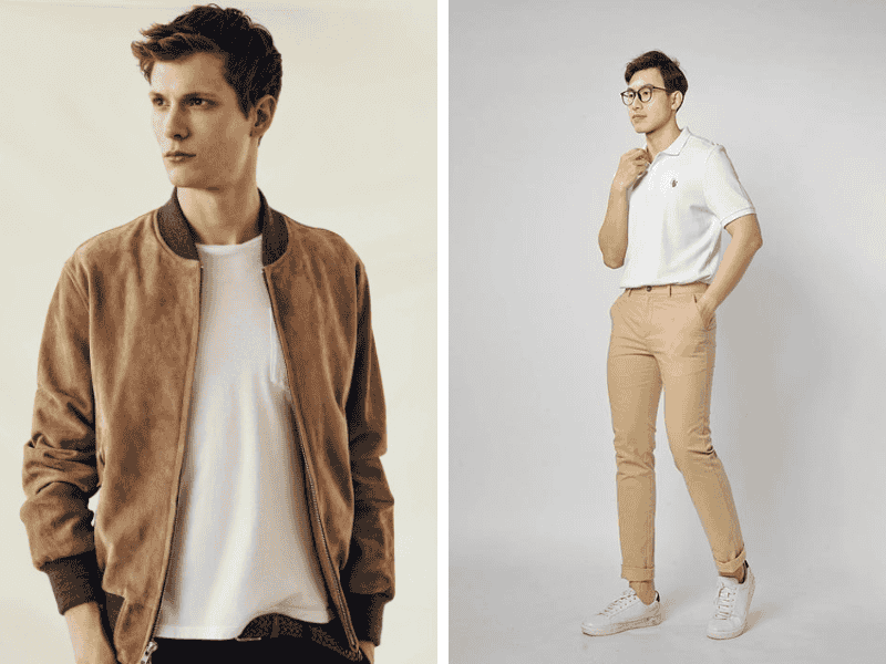 Quần màu kem + áo thun + áo bomber