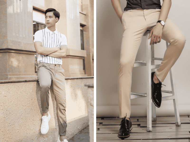 Quần màu kem + áo sọc đen trắng