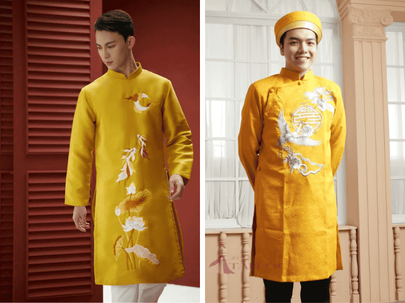 &Aacute;o d&agrave;i cưới nam m&agrave;u v&agrave;ng