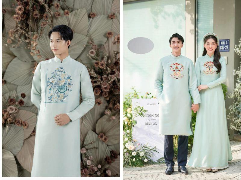 &Aacute;o d&agrave;i cưới nam m&agrave;u xanh ngọc