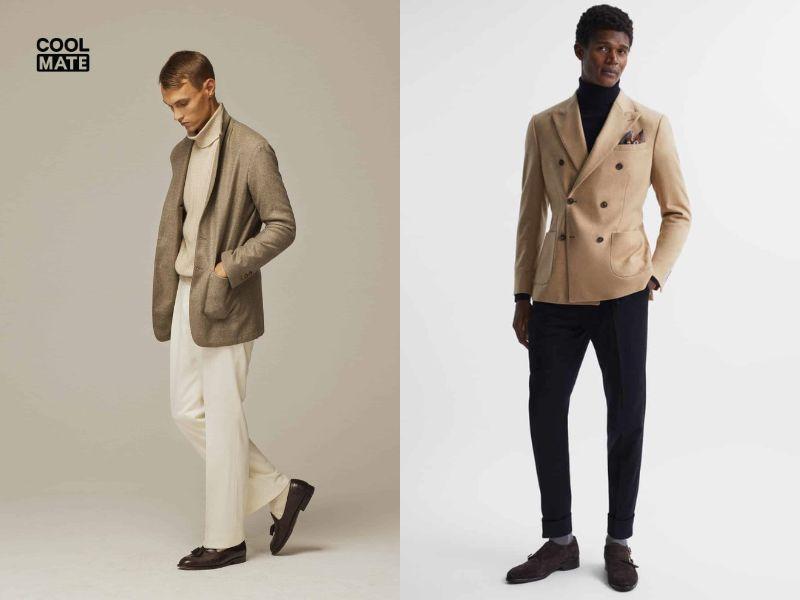 Áo Blazer màu Taupe kết hợp với quần vải màu đen hoặc màu be