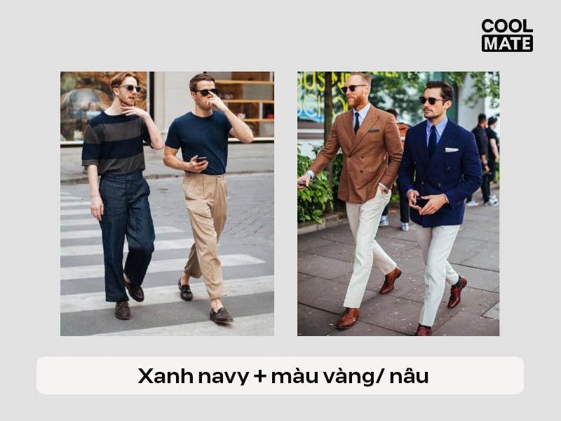 Xanh navy kết hợp với vàng/nâu