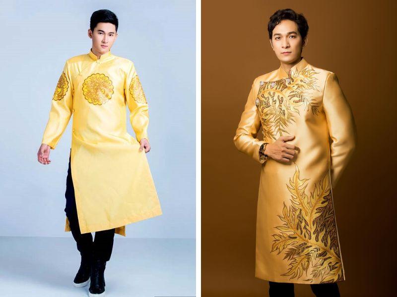 &Aacute;o d&agrave;i cưới nam m&agrave;u v&agrave;ng