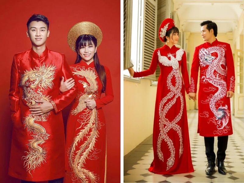 &Aacute;o d&agrave;i cưới nam lụa họa tiết rồng phượng