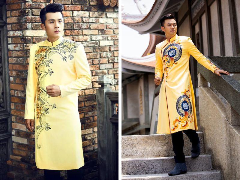 &Aacute;o d&agrave;i cưới nam m&agrave;u v&agrave;ng họa tiết vẽ tay
