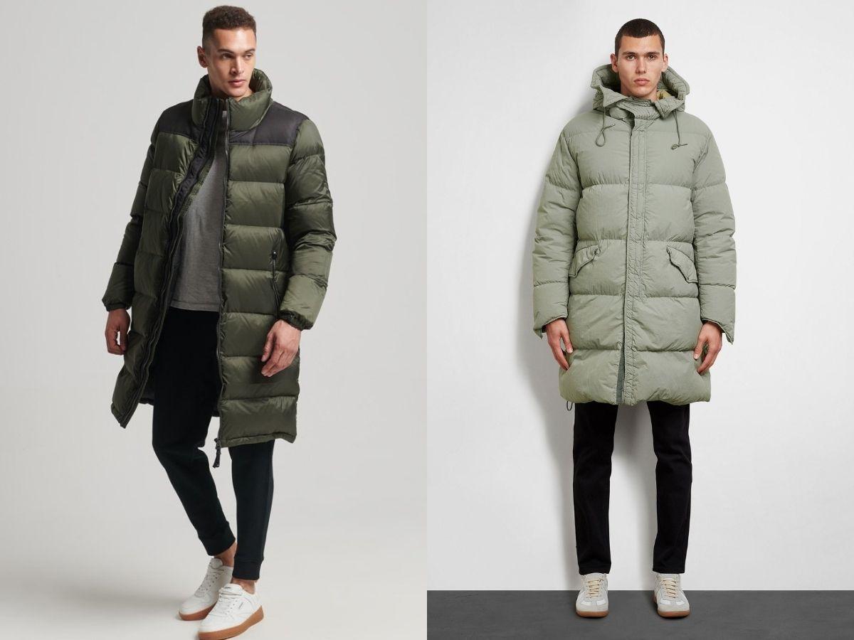 Áo phao dáng dài + áo len basic + quần tây slim-fit + giày sneakers trắng