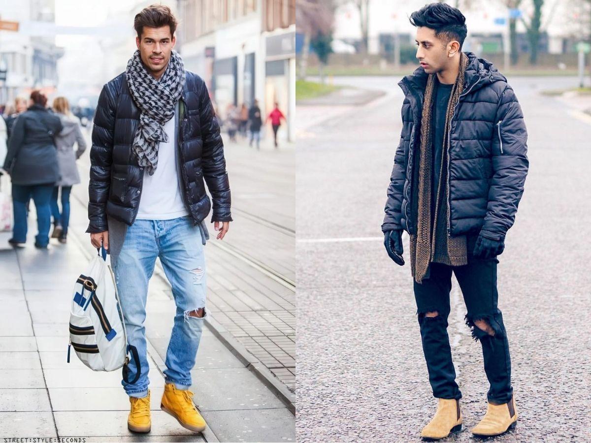 Áo phao + áo khoác jean/áo khoác denim + áo thun + quần jean rách + giày boots