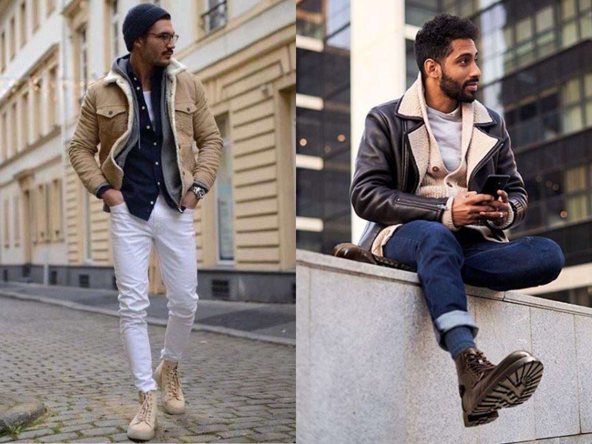 Áo phao da lộn + áo thun đen + quần jeans slim-fit + giày combat boots
