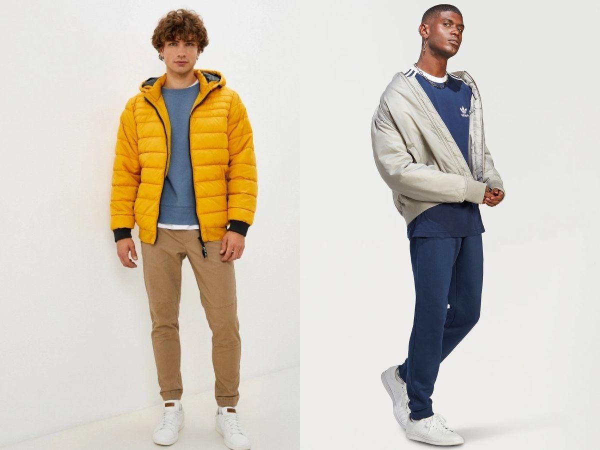 Áo phao + áo nỉ thể thao + quần jogger + giày sneaker thể thao