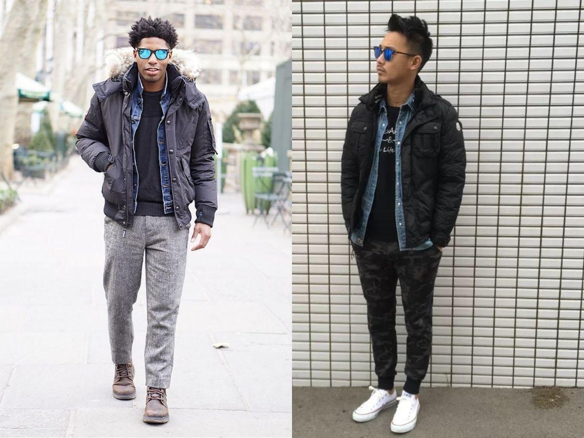 Áo len + áo khoác denim + áo phao