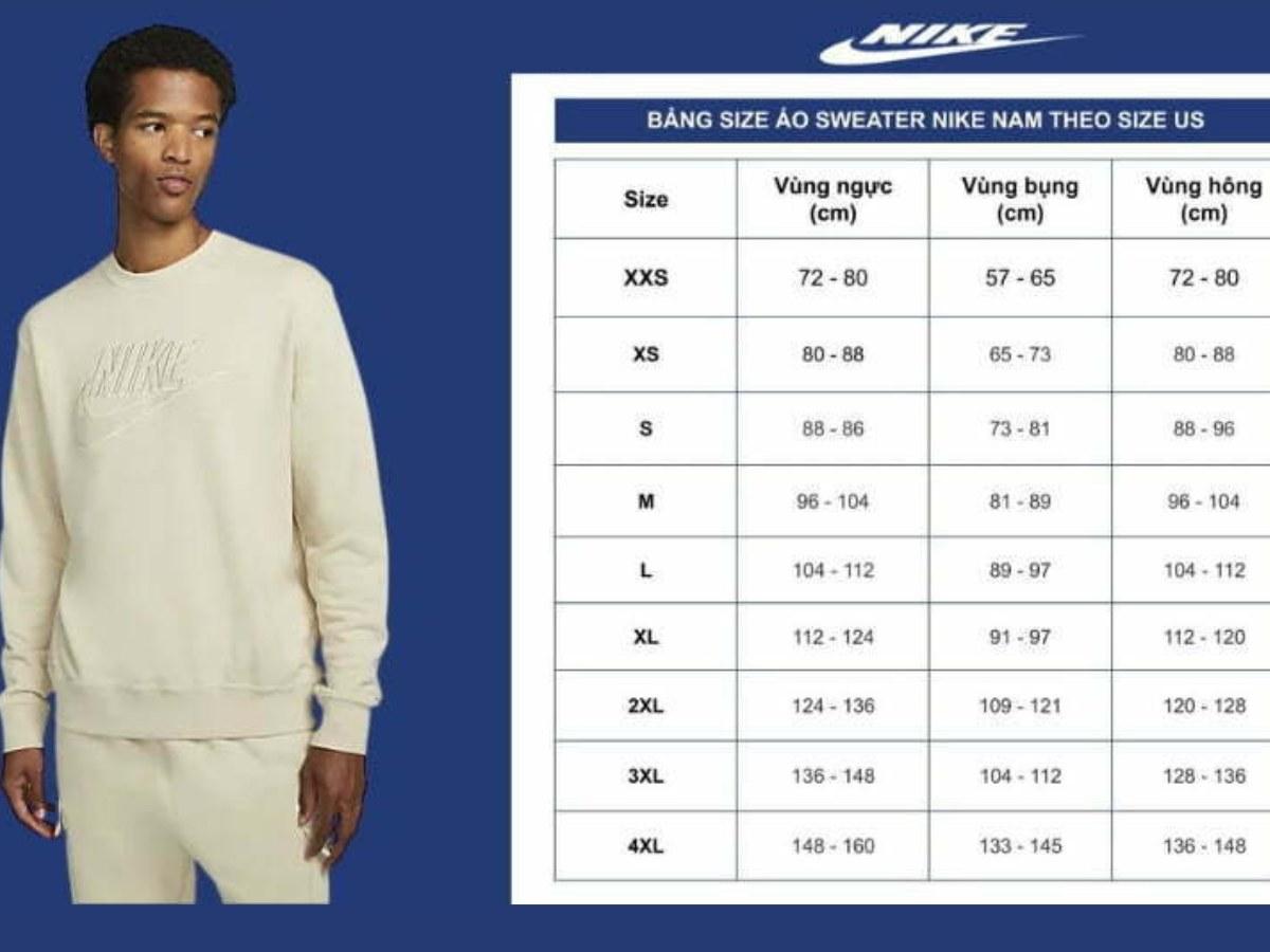 Mẫu áo sweater của Nike gồm có 10 size khác nhau, phù hợp với đại đa số dáng người châu Á