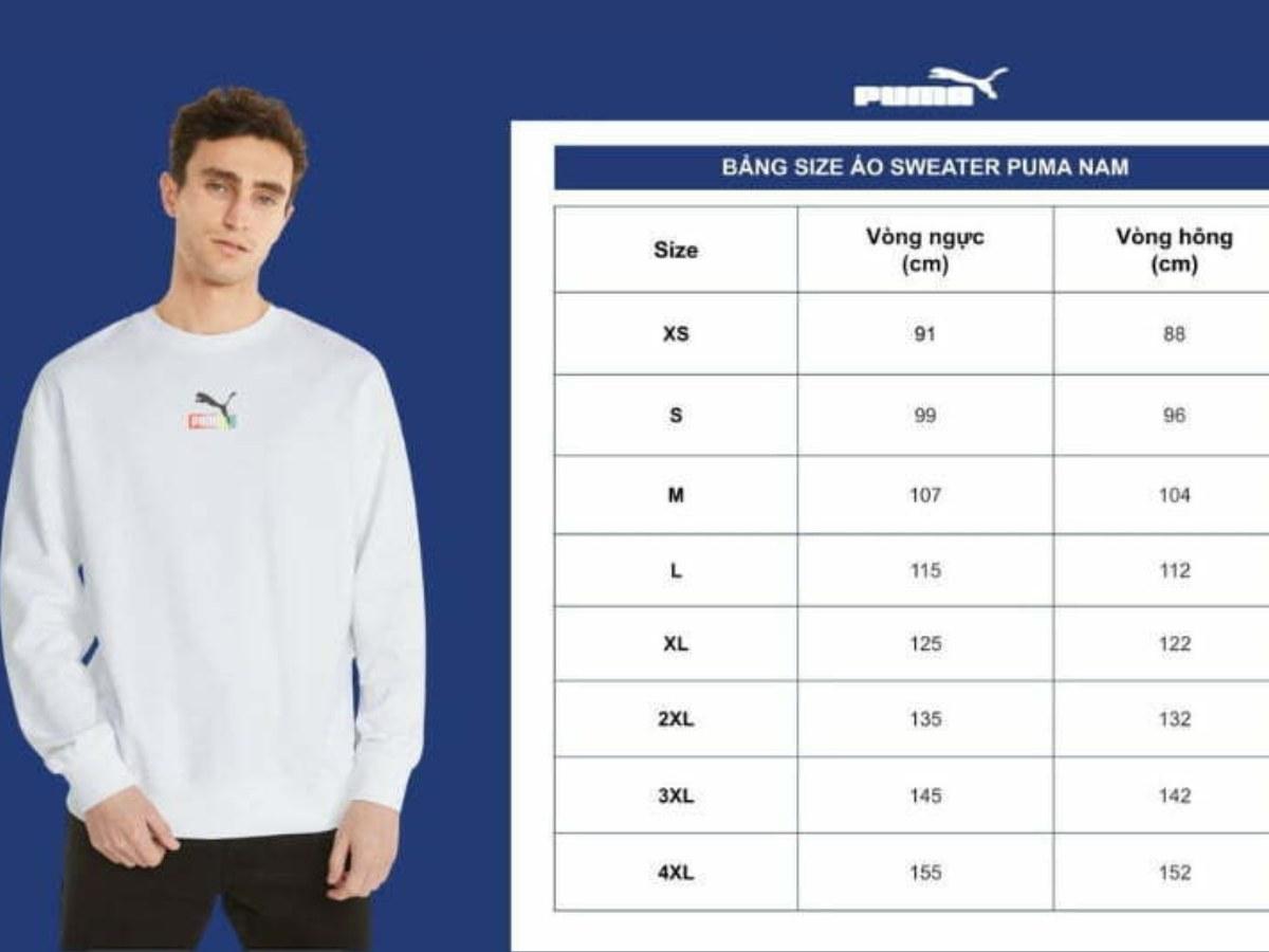 Bảng size áo sweater nam của thương hiệu Puma