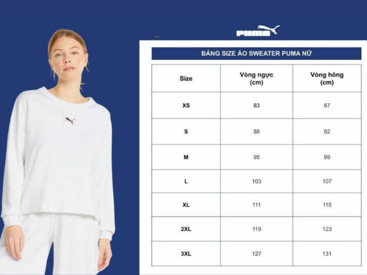 Bảng size áo sweater nữ của thương hiệu Puma
