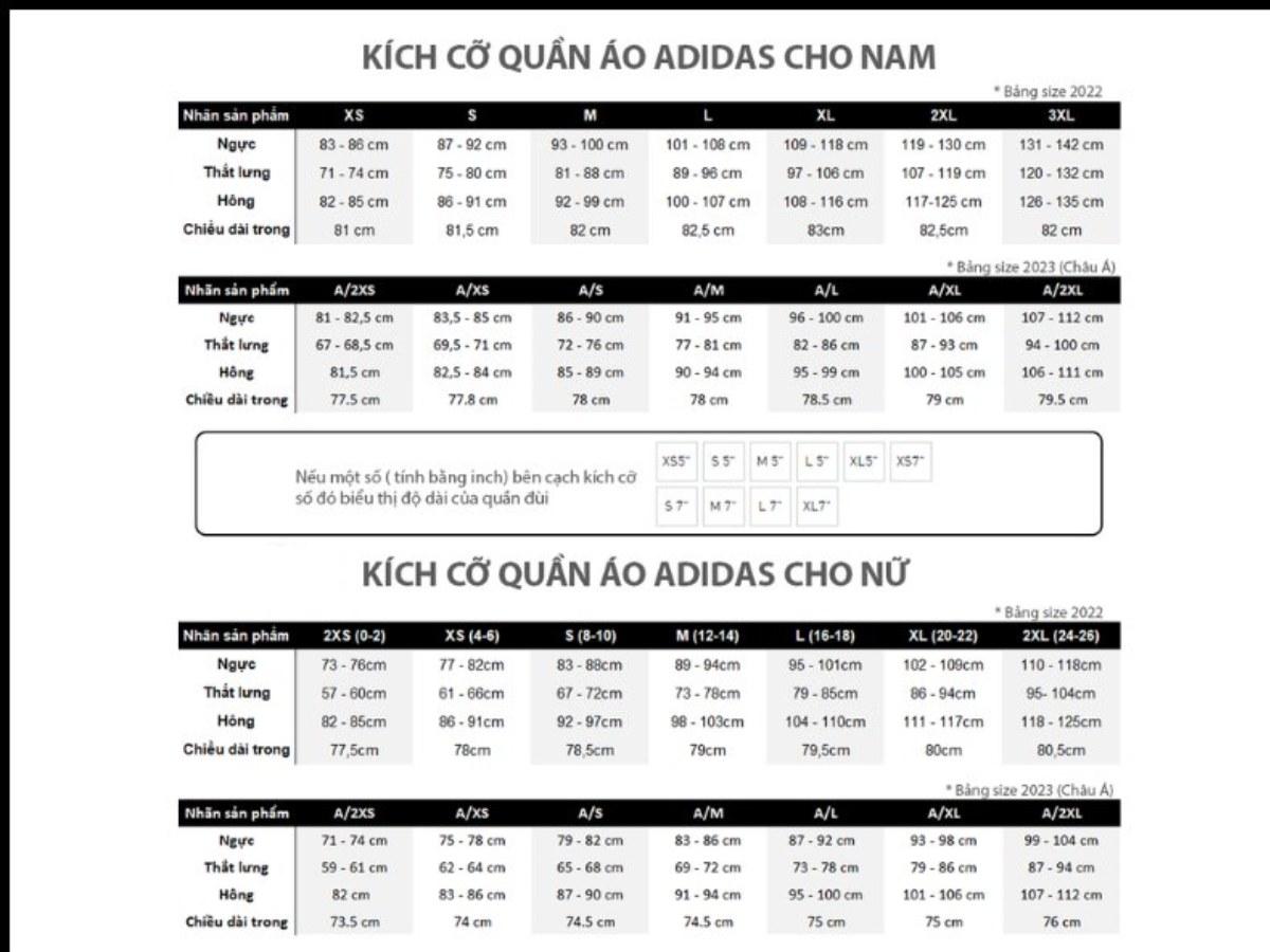Bảng size áo sweater nam và nữ của thương hiệu Adidas