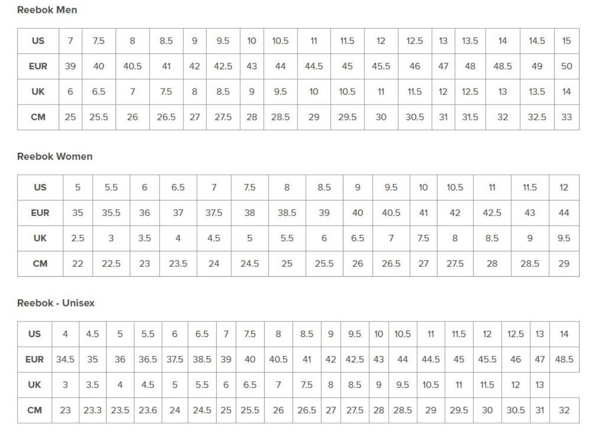  Bảng size áo sweater nam và nữ của thương hiệu Reebok