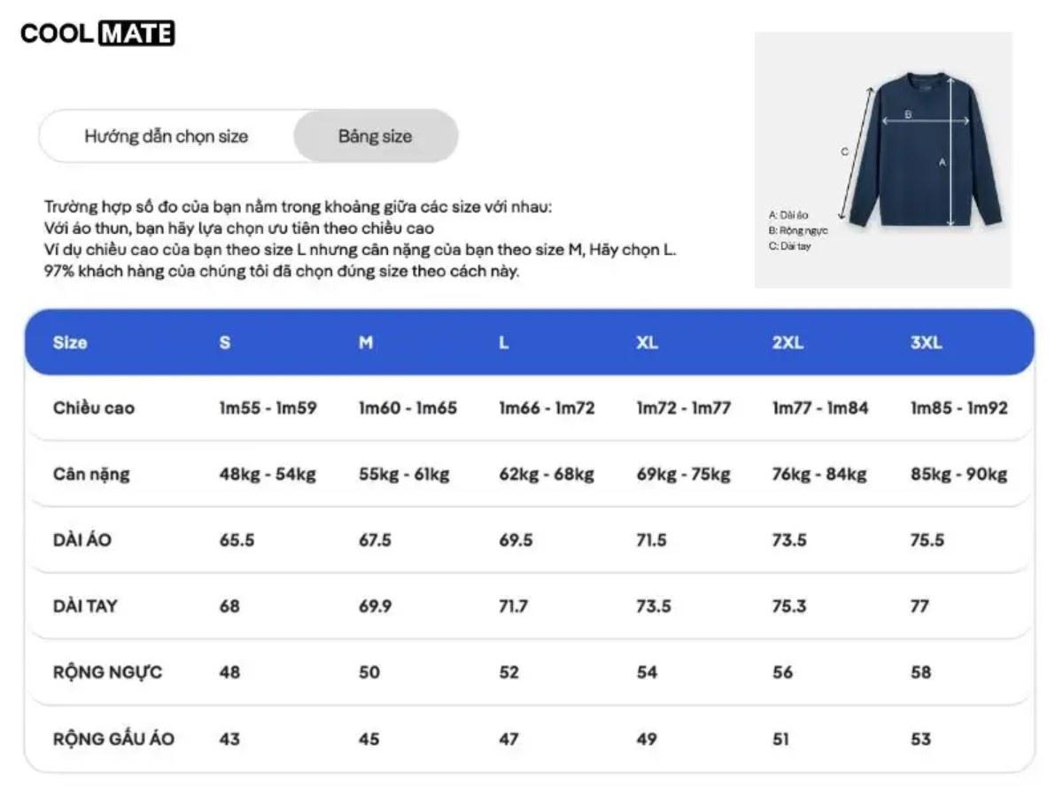 Bảng size áo sweater nam của thương hiệu Coolmate