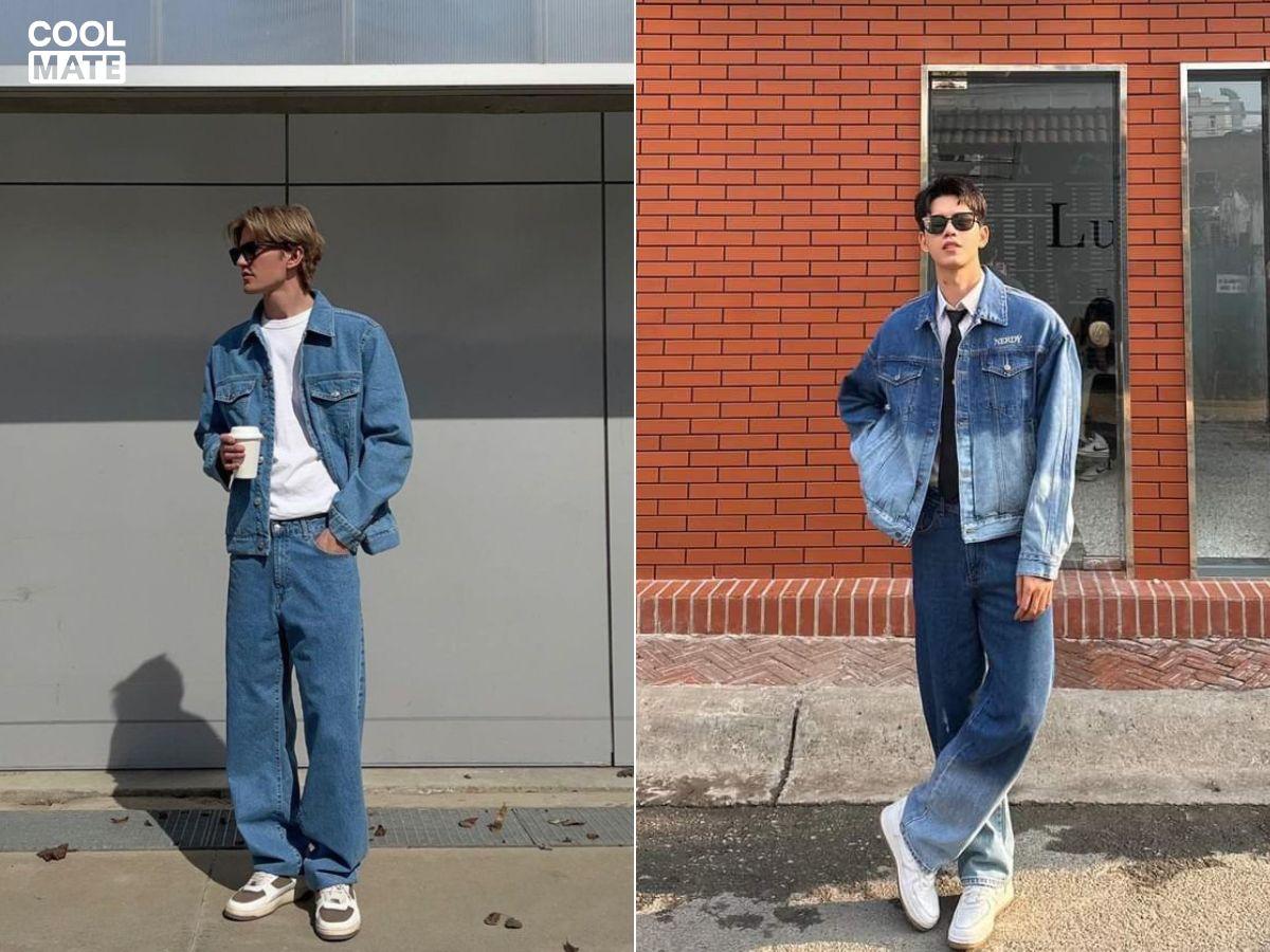Áo khoác jeans oversize phối cùng giày sneakers 