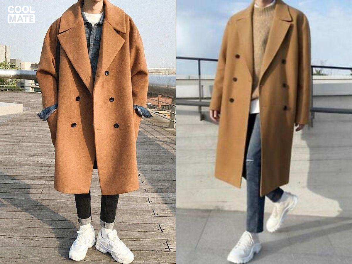 Áo dạ nam oversize phối cùng giày sneaker